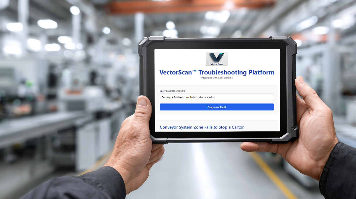 VectorScan App UI on a tablet in a modern factory setting
